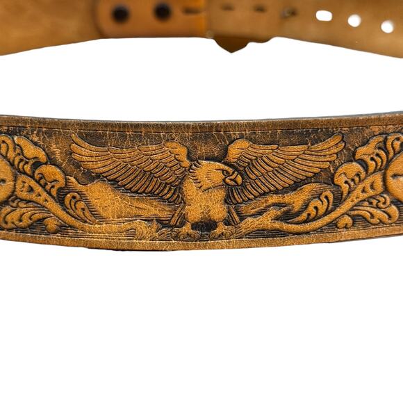 Western Leather Fancy Buckle Belt SZ 38 Women’s Brown Large Buckle Tooled Eagle - Picture 3 of 10